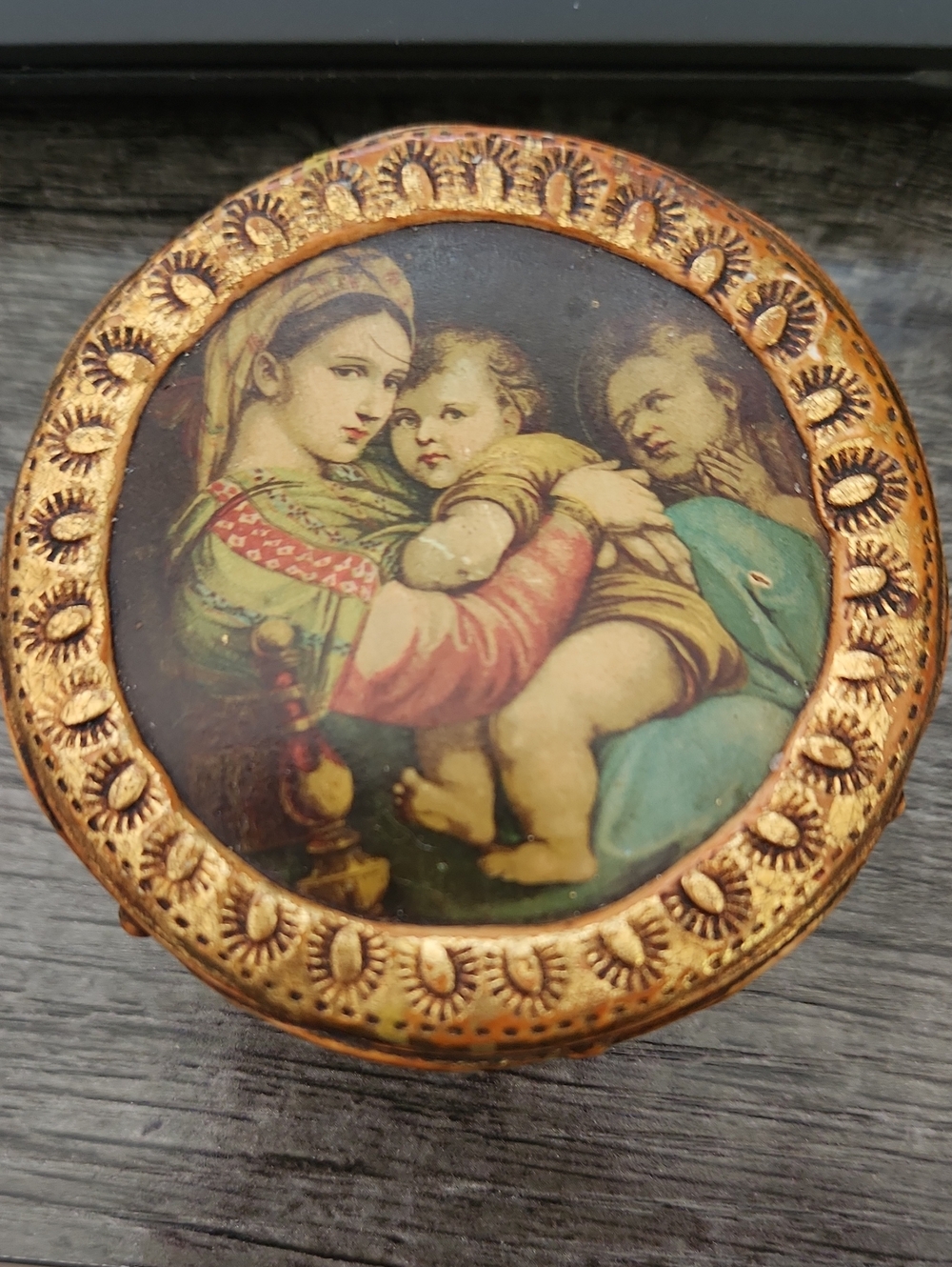 Gold Decorative Trinket Box with Madonna and Child Artwork